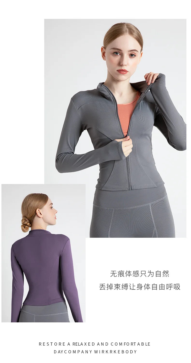 Women Sport Jackets Zipper Yoga Coat Tops Thumb Hole Running Shirt Sportwear Girl Thin Quick Dry High Elastic Gym Fitness Jacket