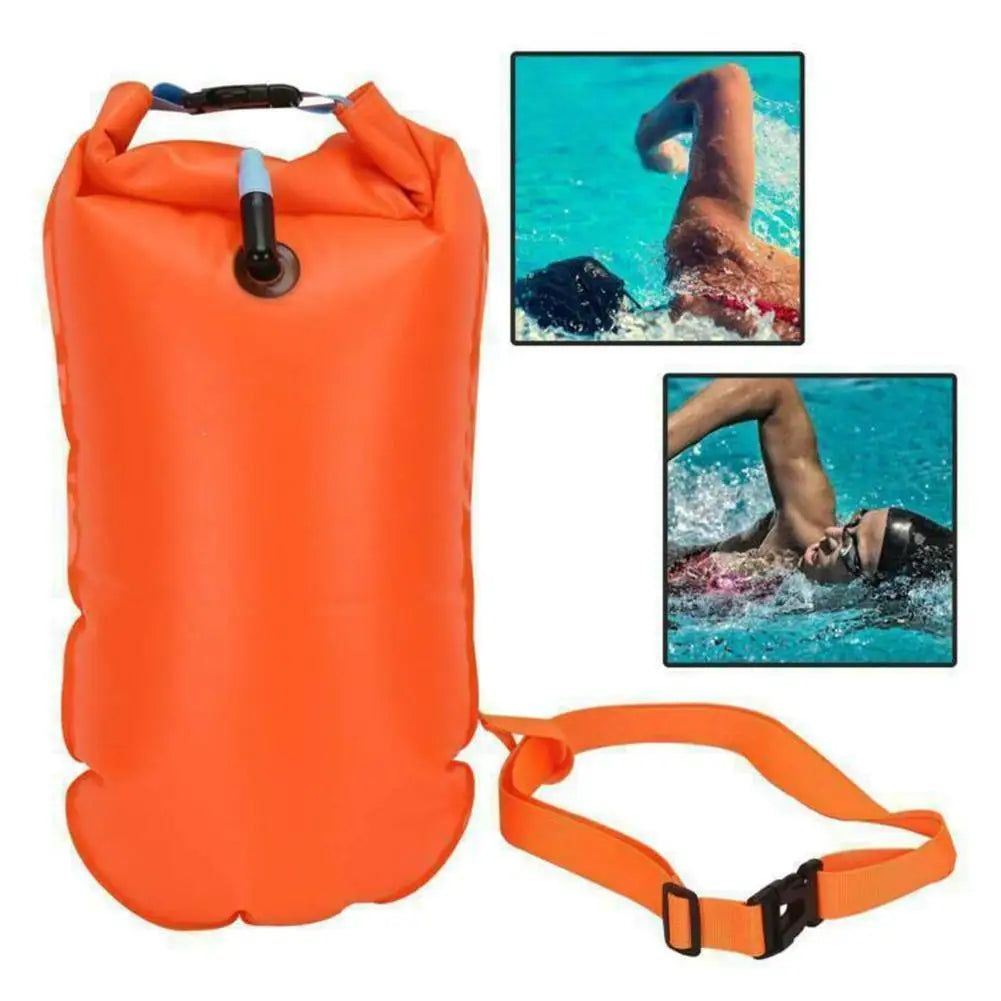 Inflatable Open Swimming Buoy Tow Float Dry Bag Double Air Bag with Waist Belt for Water Sport Swimming Storage Float Tools