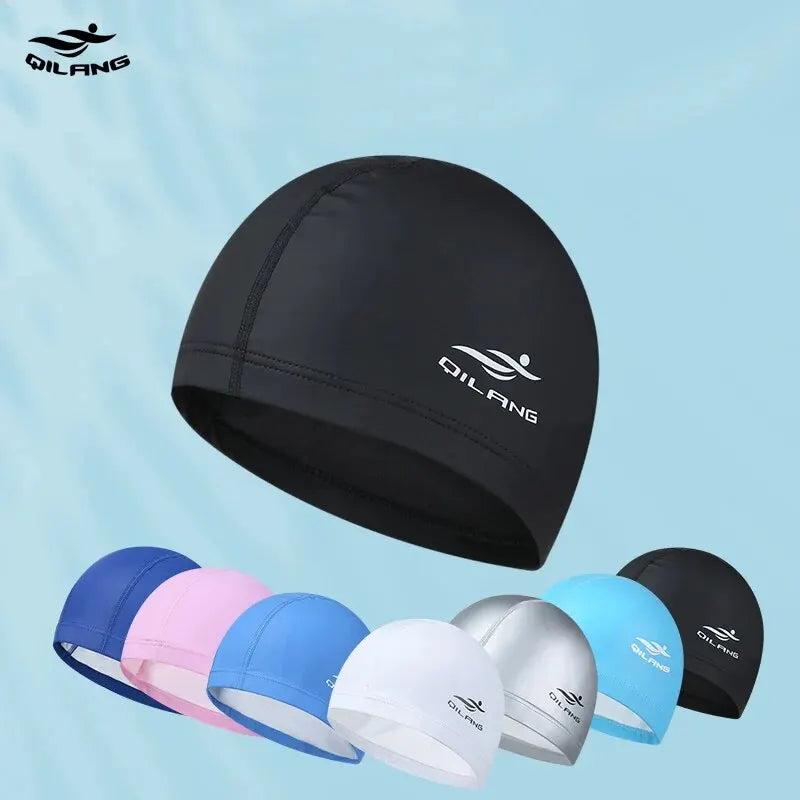 Swim Cap Adult Waterproof PU Unisex Solid Color Pool Diving Cap Long Hair Ear Protection Swim Cap