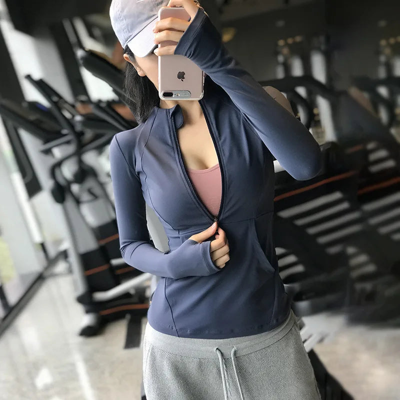 Women Sport Jackets Zipper Yoga Coat Tops Thumb Hole Running Shirt Sportwear Girl Thin Quick Dry High Elastic Gym Fitness Jacket