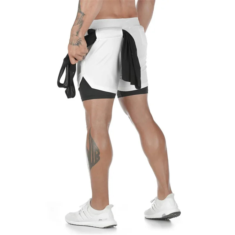 Men's Double Layer Fitness Shorts Men Fitness Gym Training 2 in 1 Sports Shorts Quick Dry Workout Jogging Double Deck Summer