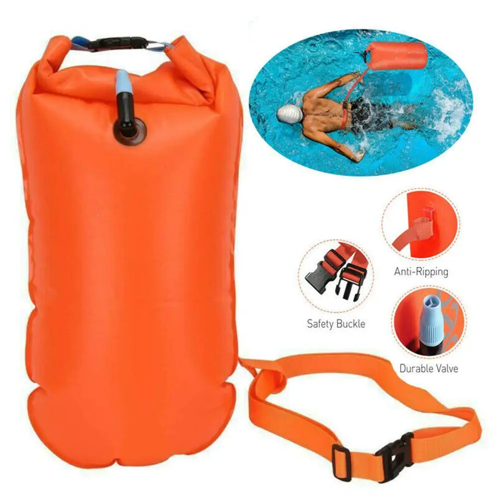 Inflatable Open Swimming Buoy Tow Float Dry Bag Double Air Bag with Waist Belt for Water Sport Swimming Storage Float Tools