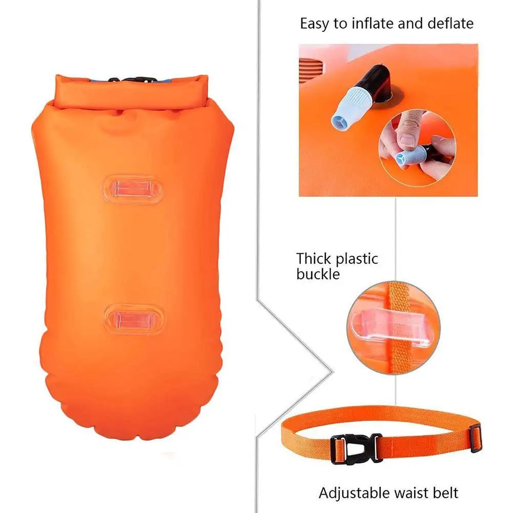 Inflatable Open Swimming Buoy Tow Float Dry Bag Double Air Bag with Waist Belt for Water Sport Swimming Storage Float Tools