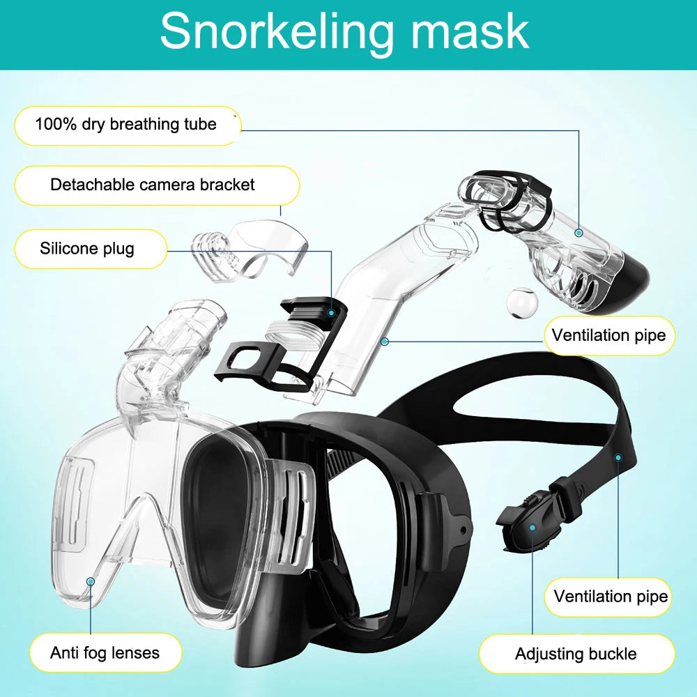 Foldable Anti Fog Snorkeling Mask Set with Fully Dry Top System, Suitable for Free Swimming, Professional Snorkeling Equipment F